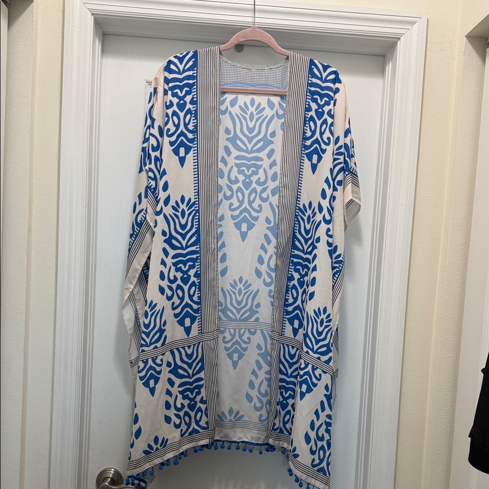 Blue and Cream Printed Kimono Cover-Up